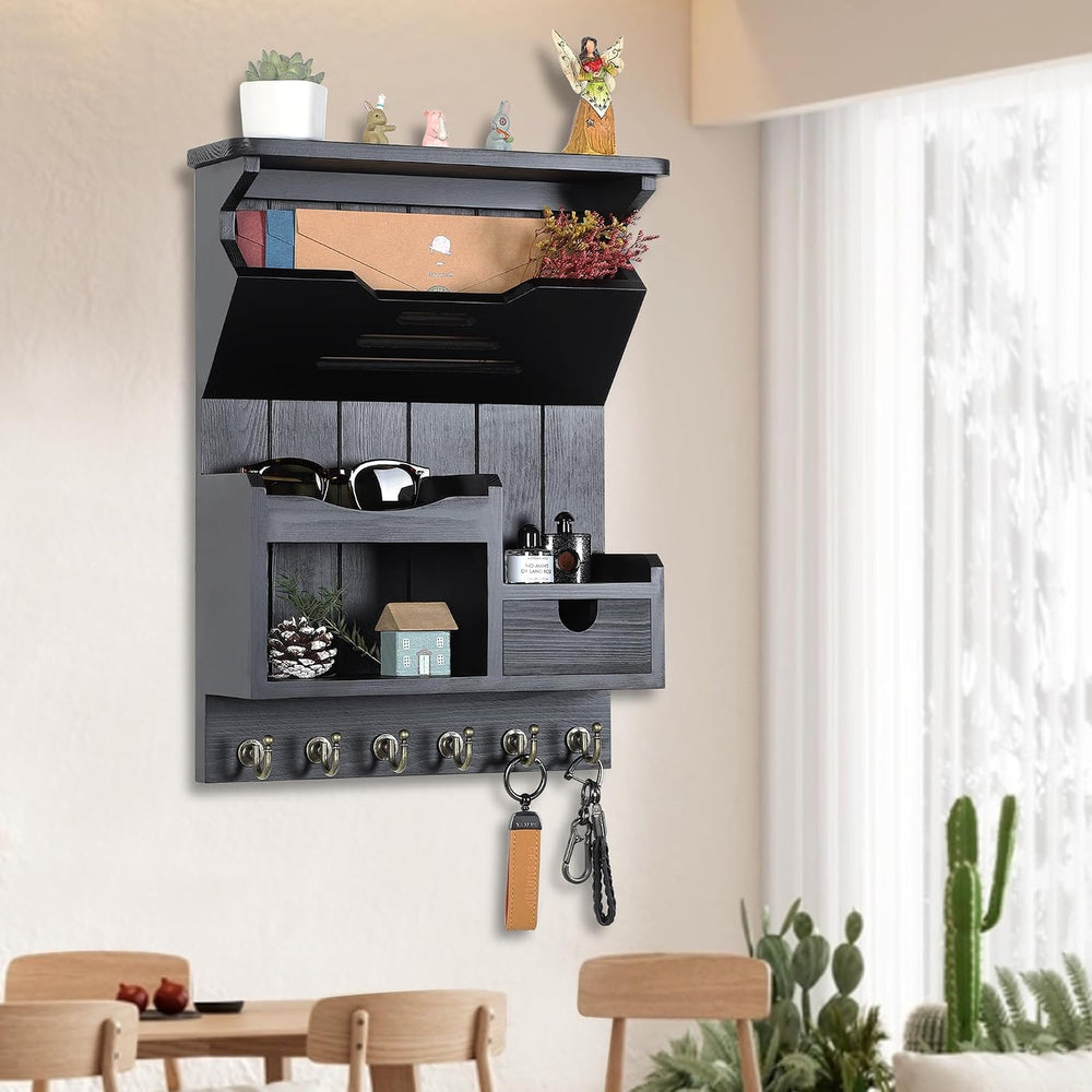 DOPACE Handcrafted Pine Wood Mail Organizer & Key Holder, Black