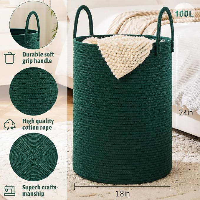 Laundry Basket, Woven Cotton Rope Laundry Hamper, 100L - Image 6