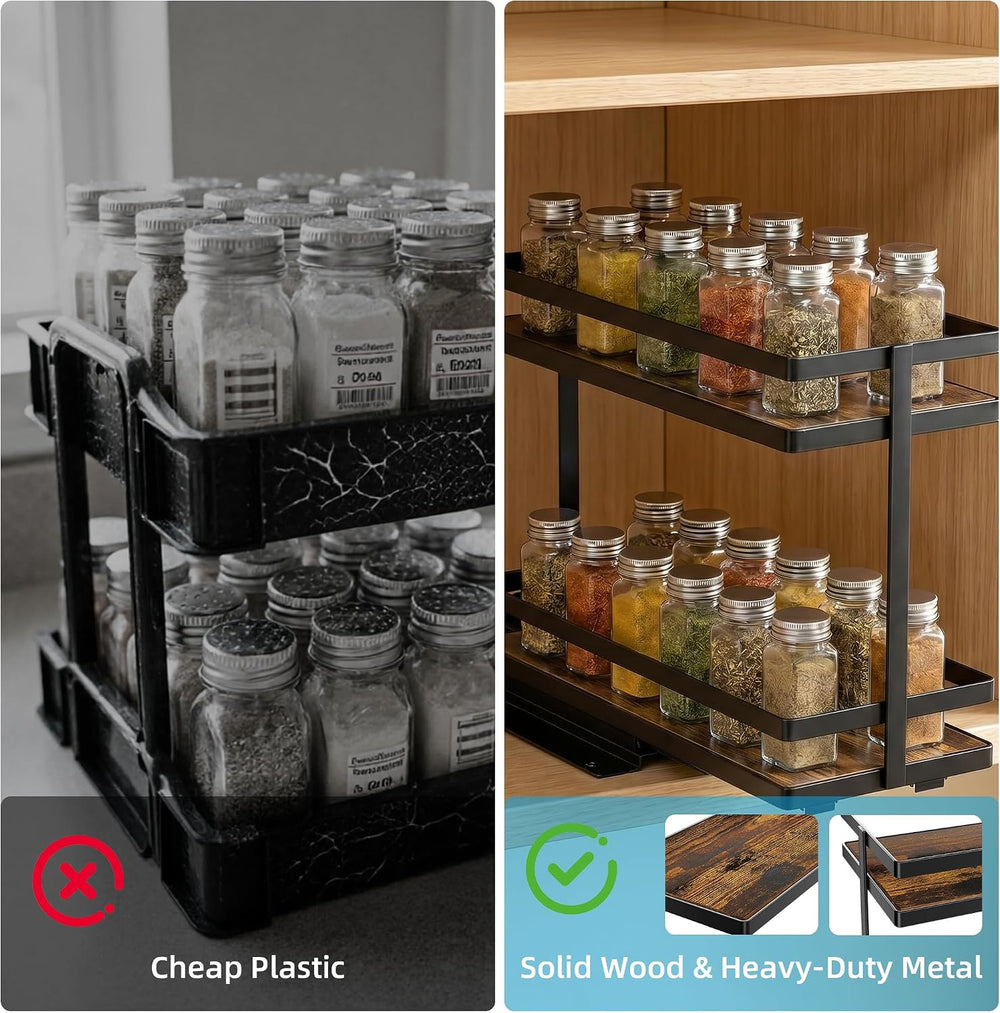 Pull Out Spice Rack 2Pcs Metal & Wood Seasoning Organizer Black
