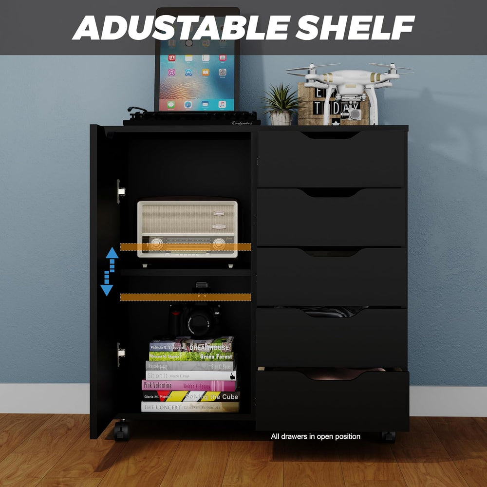 Panana 5-Drawer Chest with 1 Door, Wooden Chest of Drawers Storage Dresser Ca...