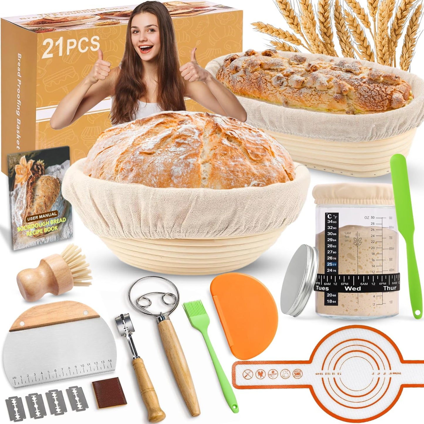 Sourdough Starter Kit, Banneton Bread Proofing Basket Set with Glass Starter Jar, 9" Round & 10" Oval Proving Basket Supplies, Complete Sourdough Bread Baking Tools Kit Gift for Bakers Women