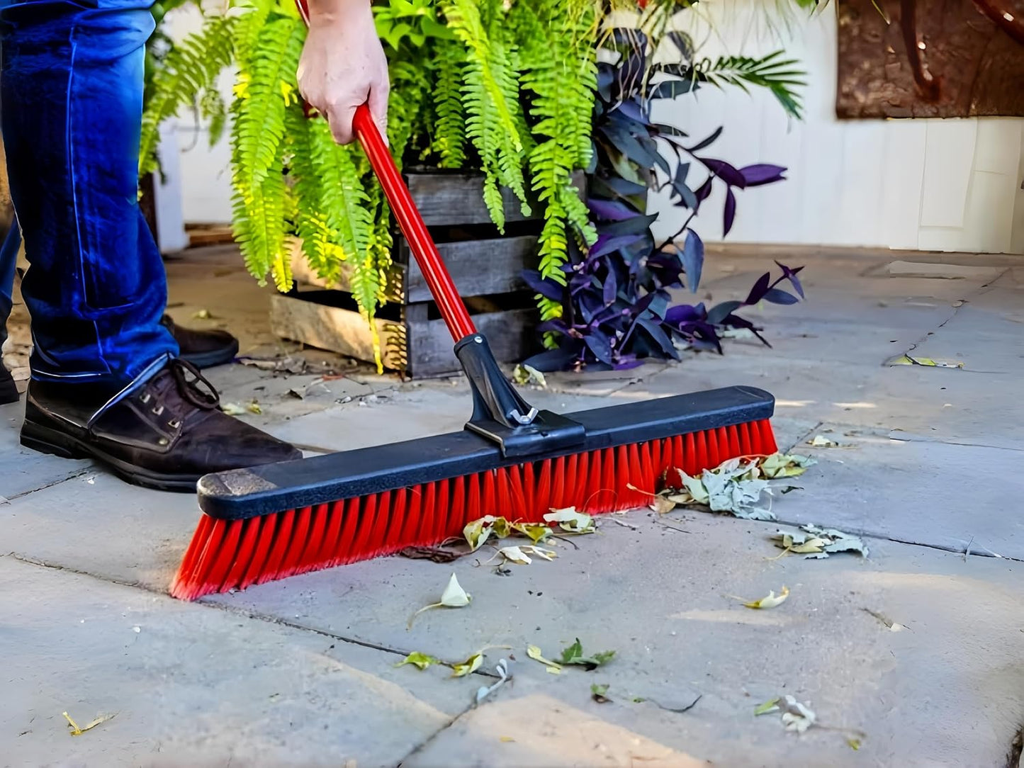24" Heavy-Duty Push Brooms, Multi-Surface Rough Sweep Broom with Clamp & Bolt Handle, 3" Recycled PET Bristles for Concrete, Garage & Driveway