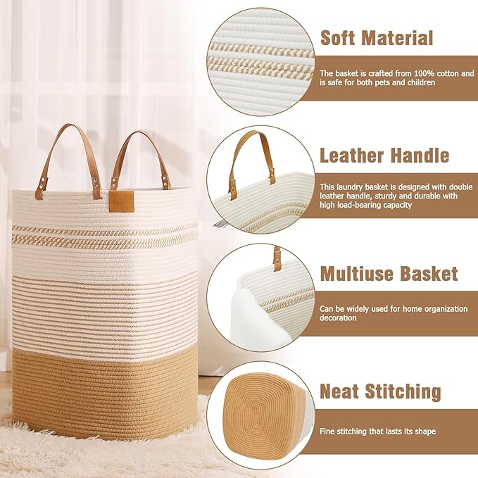 danpinera Large Laundry Hamper – 75L Tall Woven Cotton Storage Basket - Image 2
