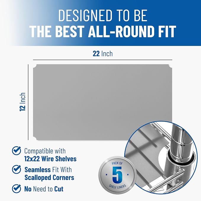 Shelf Liners for Wire Shelf System: Set of 5 in Graphite: 12 x 22 inch: Plastic - Image 2