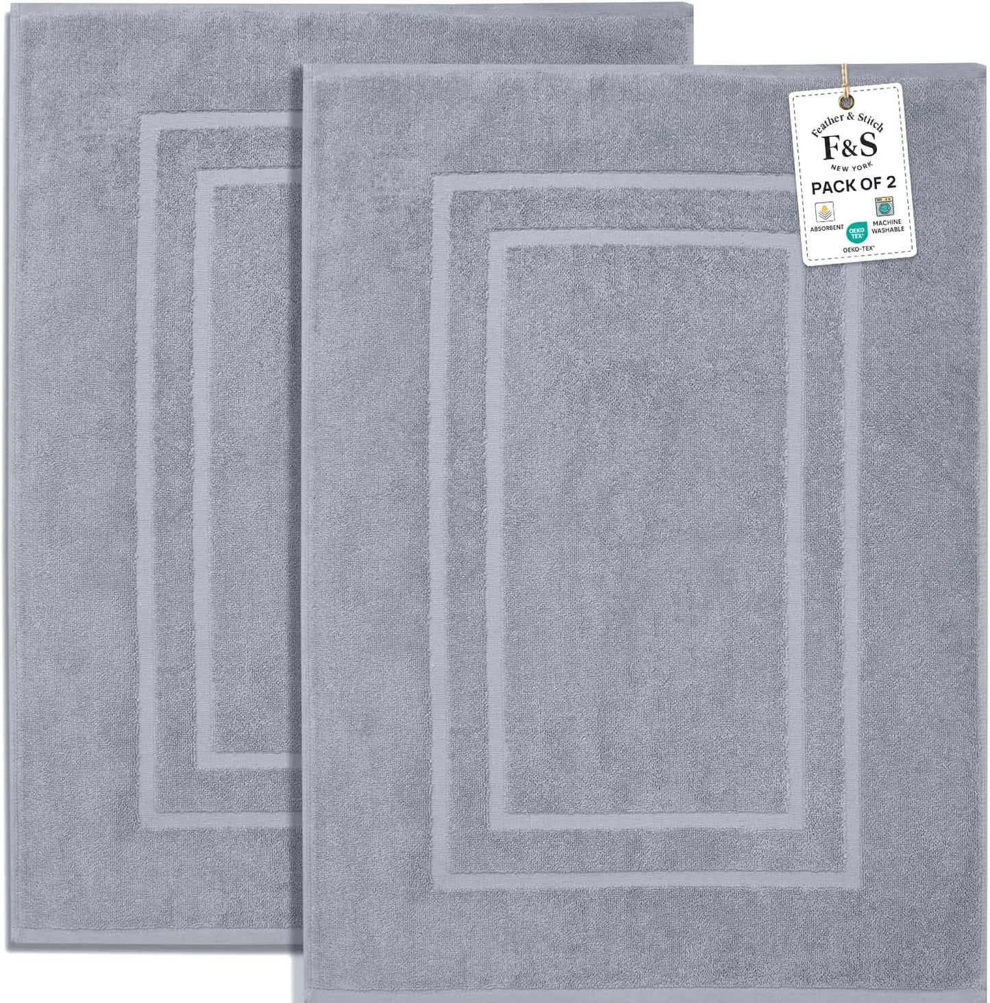 Feather & Stitch 2 Piece Towel Like Bath Mats (30x21 Inch) 100% Cotton Terry Bath Mats, Bathroom Shower Floor Mats [NOT A Bathroom Rug], Soft Absorbent Washable Mats - Grey
