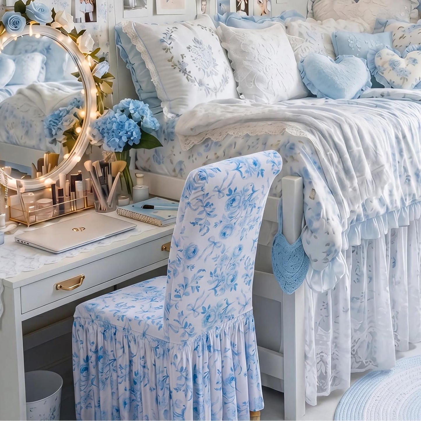 Gerrii Fancy Garden Blue Bow Dorm Chair Cover Coquette Bow Room Decor College Apartment Decor Dining Chair Covers Washable Furniture Protector with Skirt Country Style for Dorm Room Home Bedroom