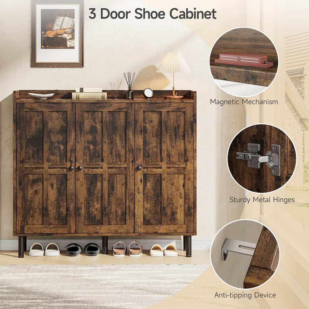 ONBRILL Shoe Cabinet with 3 Doors & Adjustable Shelves (Rustic Brown)