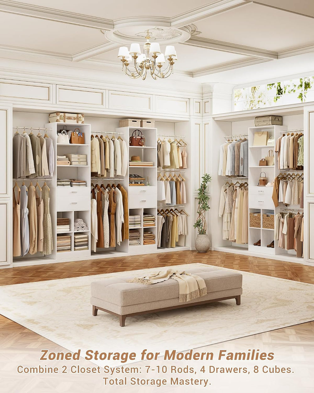 Besiost Small Closet System, 3.2-6.8FT Small Closet Organizer with 2 Wooden D...