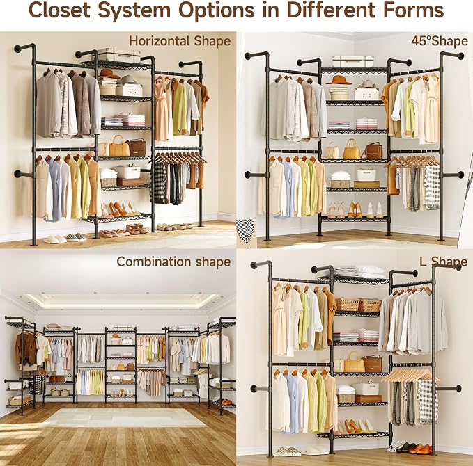 ONBRILL H3 Wall Mounted Closet System, Expandable Industrial Pipe Clothes Rack - Image 6