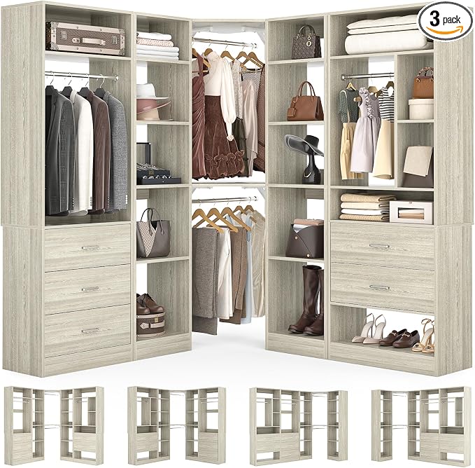 Corner Closet System with 5 Drawers, Closet Organizer System with 15+Shelvess & by Besiost
