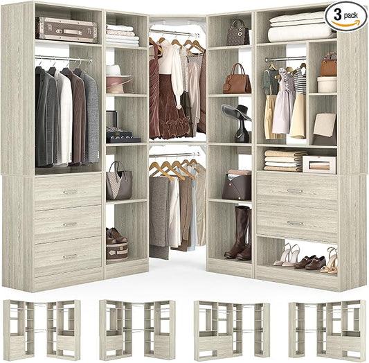 Corner Closet System with 5 Drawers, Closet Organizer System with 15+Shelvess & by Besiost