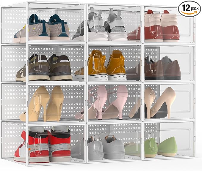12 Pack XXX-Large Modular Clear Plastic Stackable Shoe Storage Organizer by FJFEOIYE