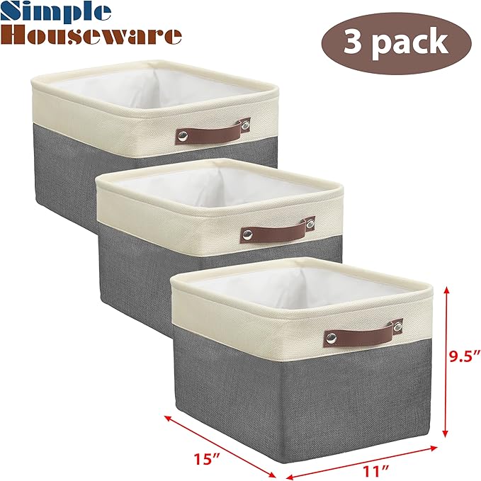 SIMPLE HOUSEWARE Large Fabric Storage Bin, 3 Pack, Dark Gray - Image 3