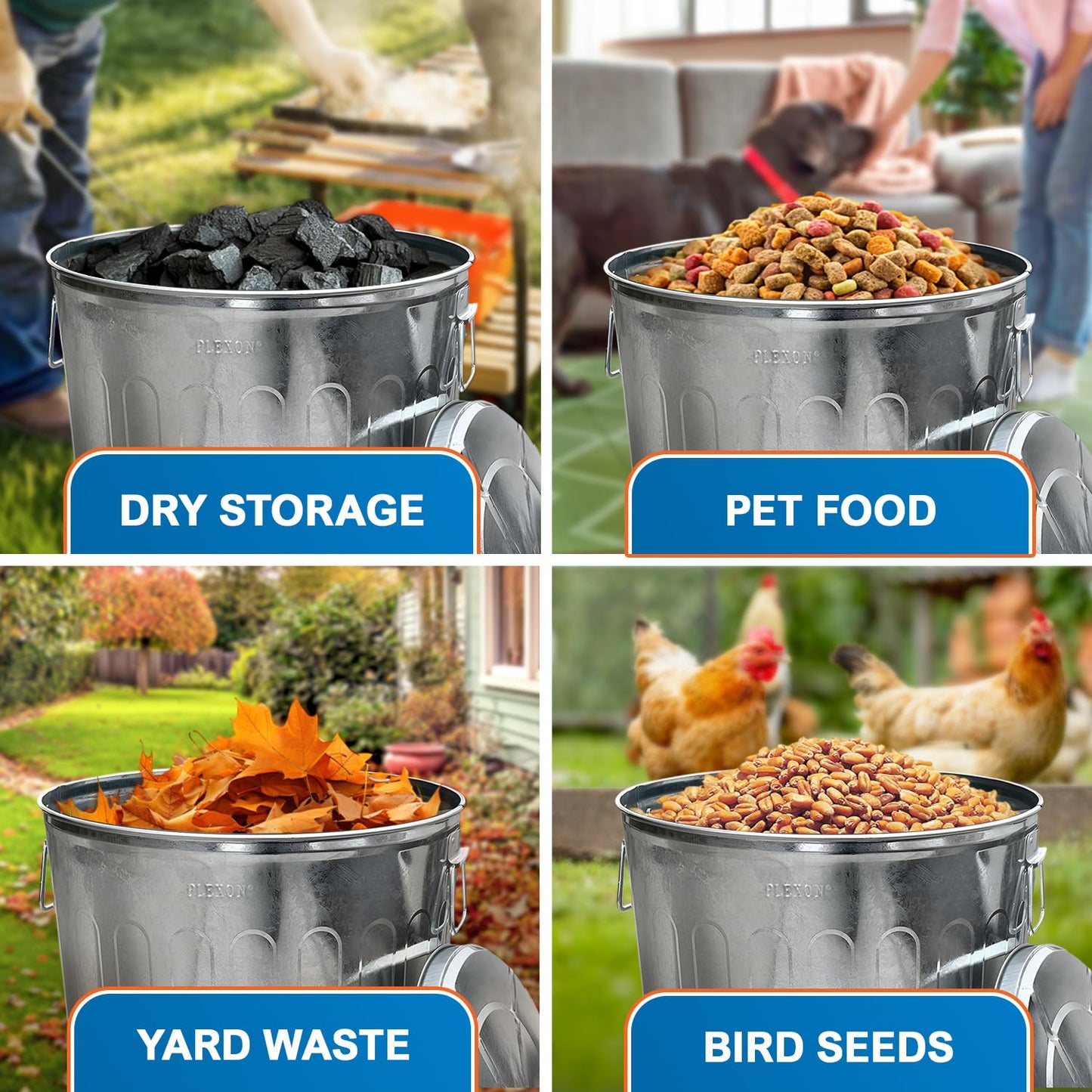 Plexon 20 Gallon Metal Trash Can with Lid Outdoor Large Trash Bin Galvanized Steel Garbage Can for Farm Garage Patio Ash Bucket Bird Seed Storage Can Heavy Duty Round Container, 2 Pack