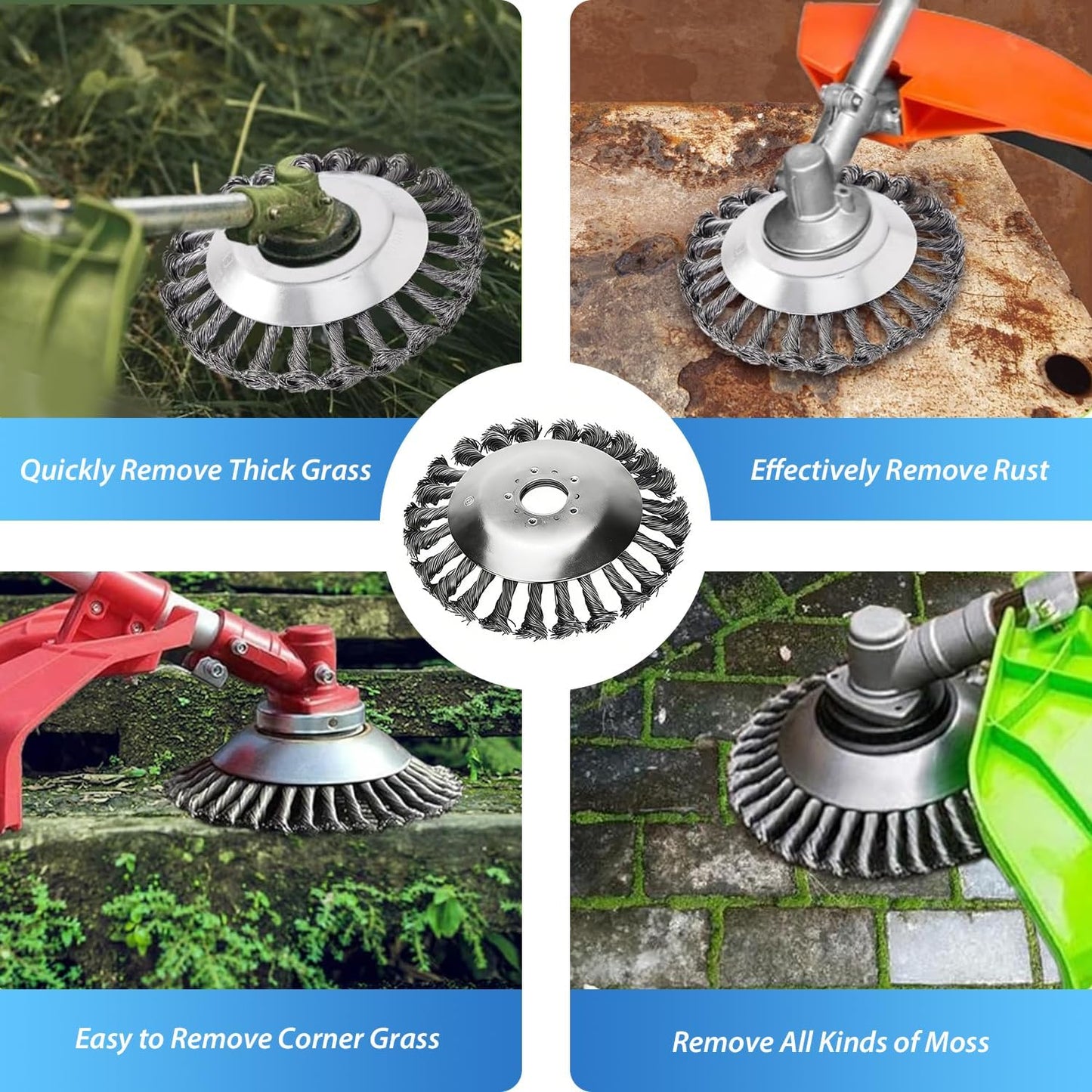 8-Inch Universal Weed Brush Cutter Trimmer Head, Heavy Duty Steel Weed Eater Attachments. Fits Most String Trimmers for Edging, Cleaning Moss, Weeds & Stains from Pavement, Brick, Driveway.