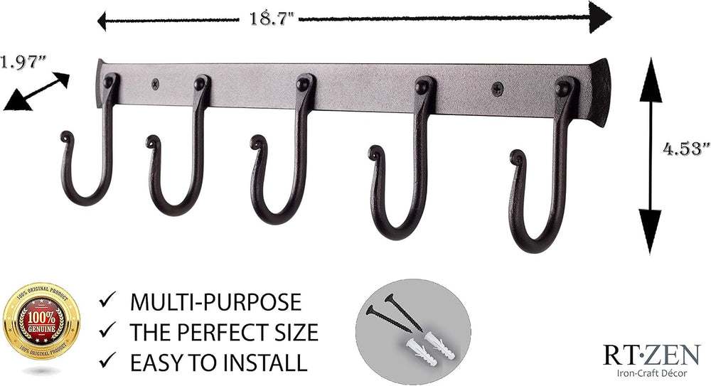 RTZEN Classic Farmhouse Wall Mount Multi-Use Wrought Iron Hook Set (5 Pack)