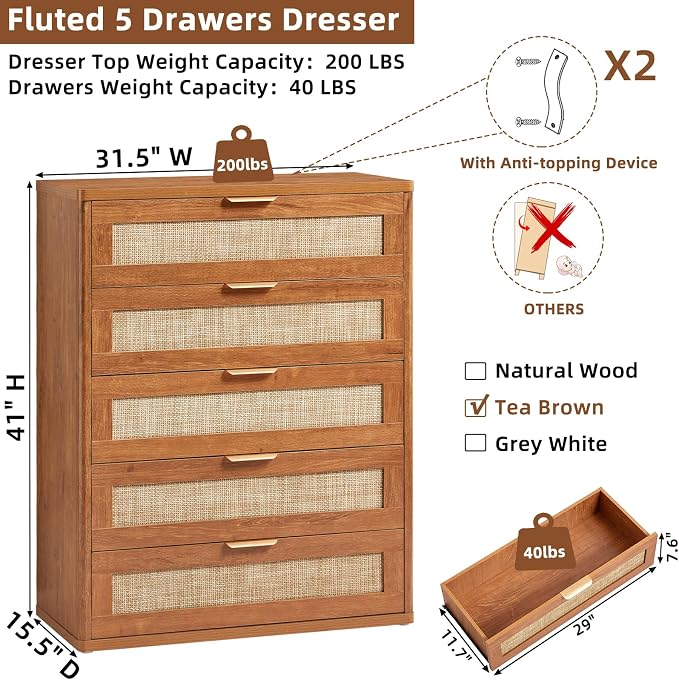 LEYAOYAO Rattan Dresser for Bedroom Set 2, Modern 5 Drawers Boho Dressers - Image 2