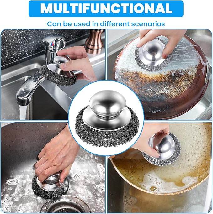 4 Pcs Steel Wool Scrubber with Handle Heavy Duty Metal Pot Scrubber Brush 16 - Image 4