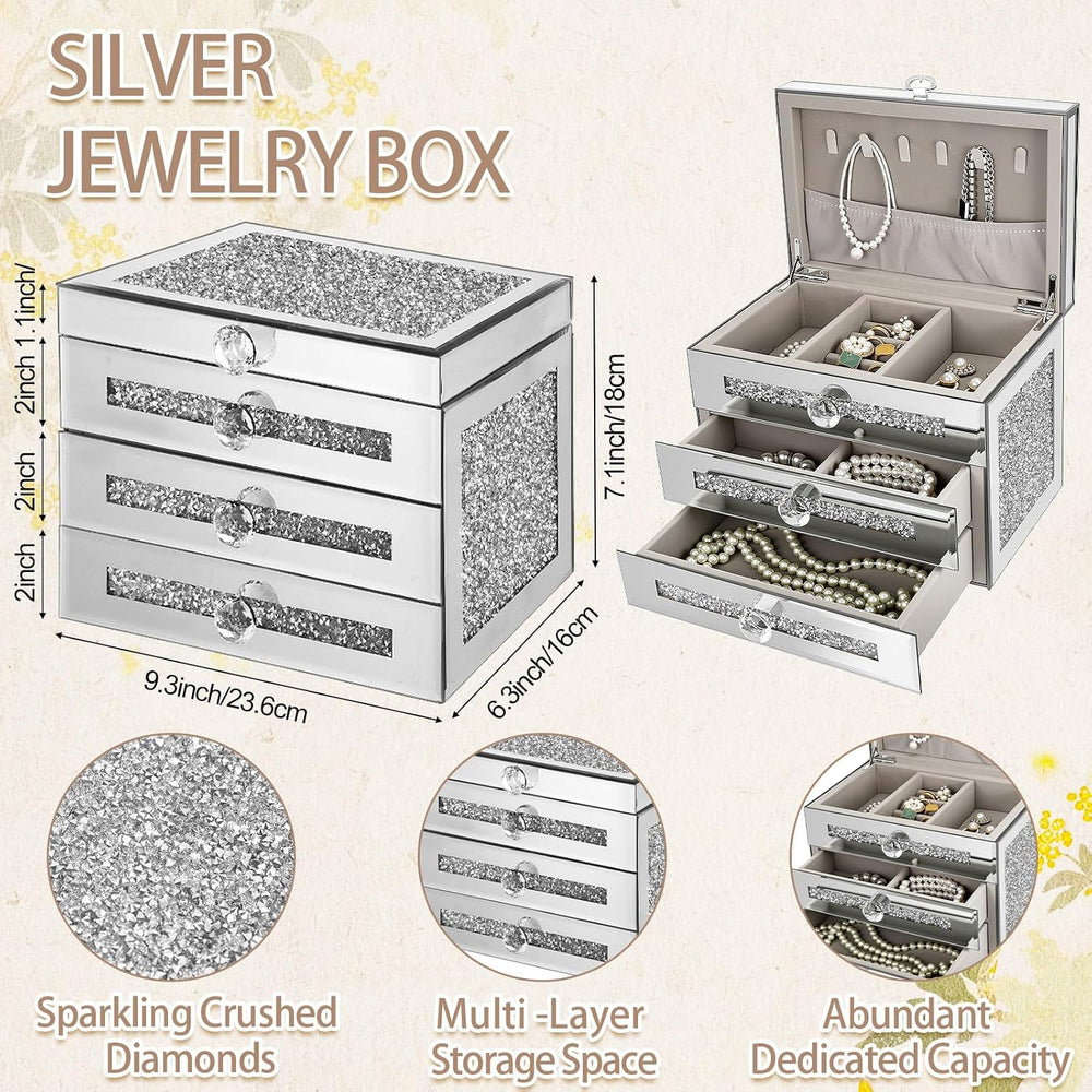 Kenning Glass Mirrored Jewelry Box for Women 3 Layer 2 Drawer Crushed Diamond...
