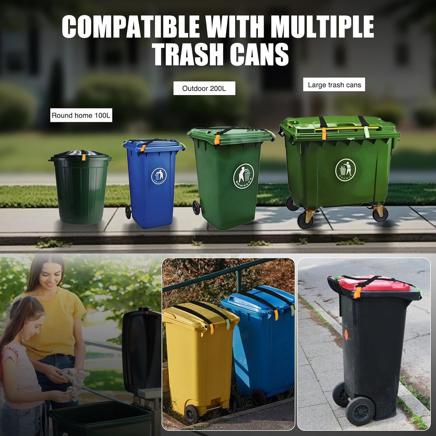 Trash Can Locks for Animals, 2 Pack Adjustable Garbage Can Locks with Reflective Strips, Trash Bin Locks for Animals, Raccoon and Animal Proof, Prevent Odor from Spreading, Fits Multiple Sizes Cans