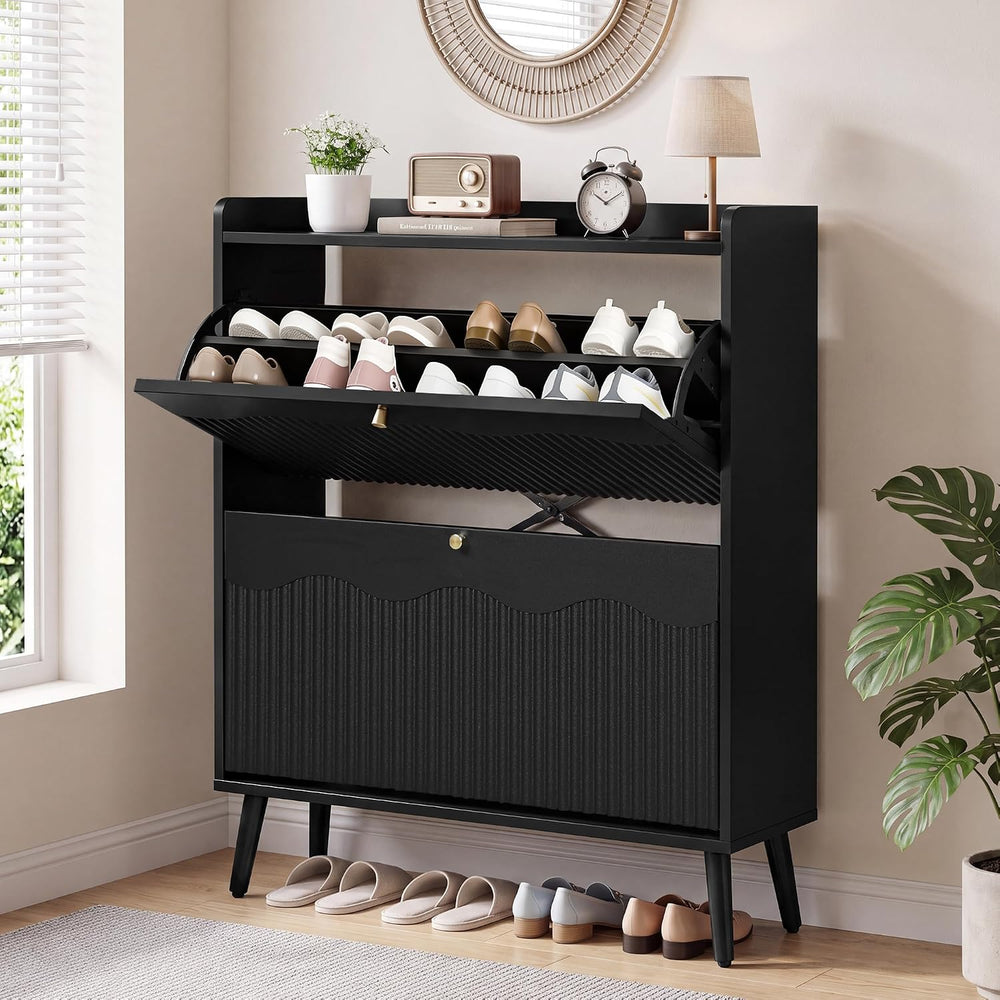 BERRYMERRY 31.5” Black Fluted Shoe Cabinet Storage with 2 Flip Drawers