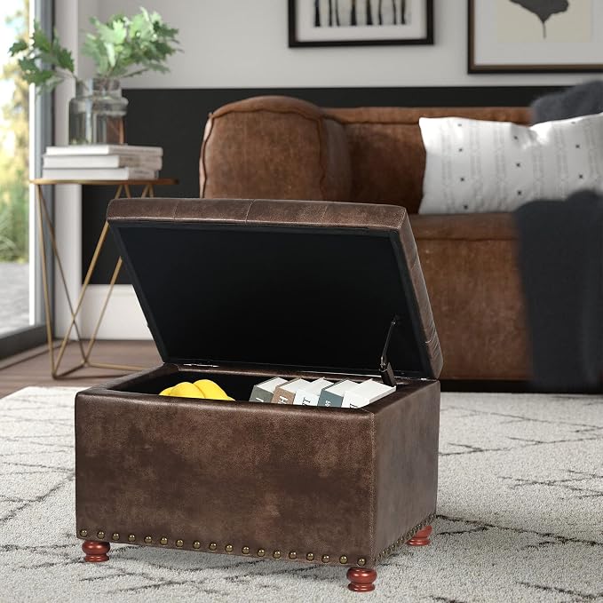 24'' Leather Ottoman with Storage Rectangle Foot Rest Ottomans Stool - Image 4