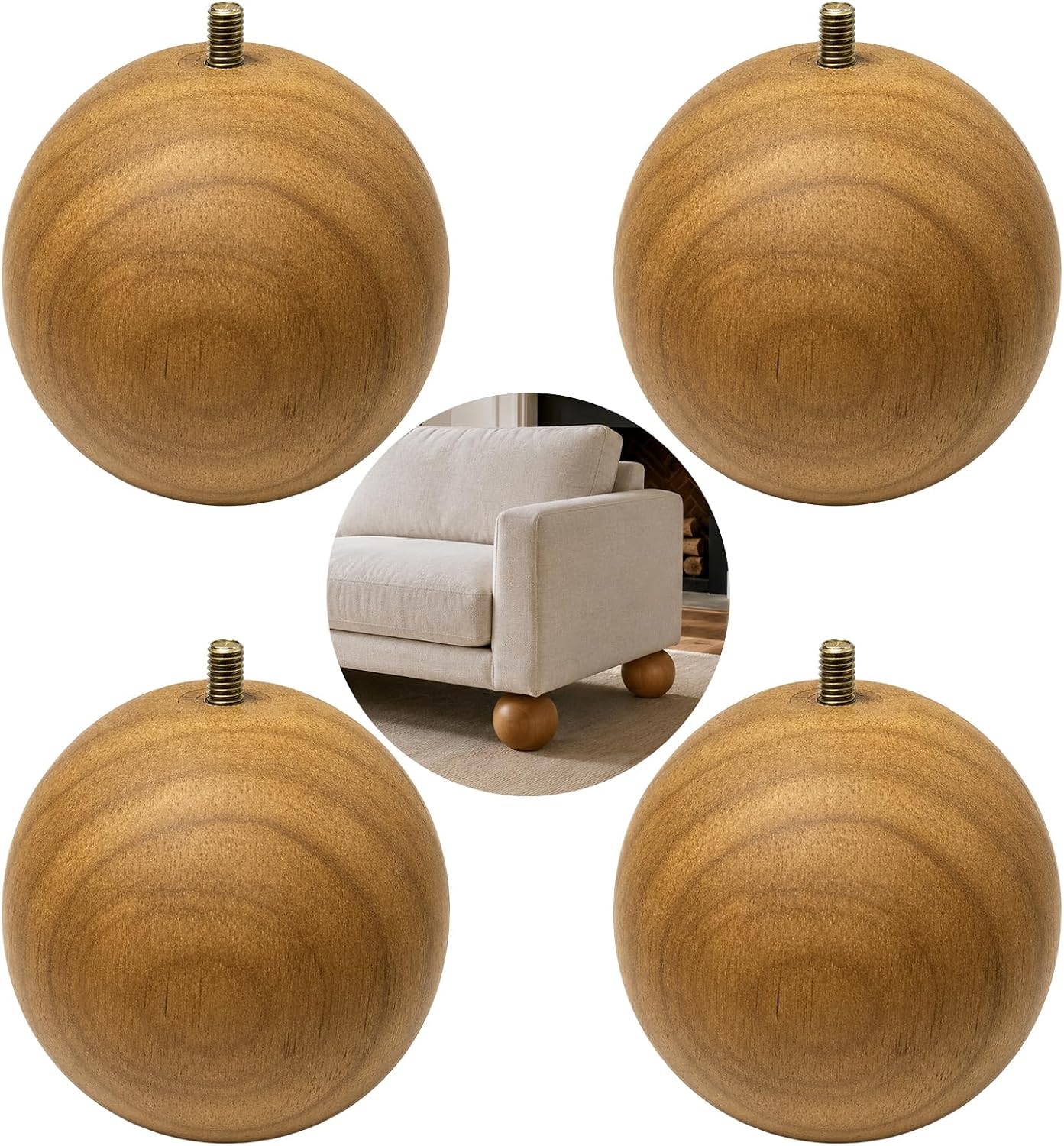 4 Pcs Wooden Furniture Legs, 3.9 Inch Round Solid Oak Sofa Feet Replacement Parts with M8 Screw, Suitable for Cabinet, Bench, Dresser, Ottoman, TV Stand, Nightstand & DIY Projects