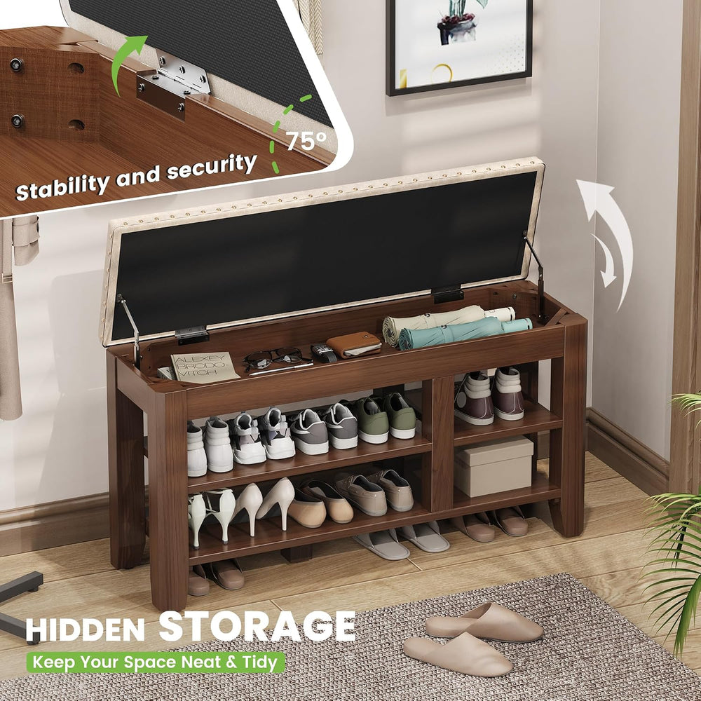 Shoe Bench for Entryway, Solid Rubberwood Shoe Bench with Hidden Storage, Adj...