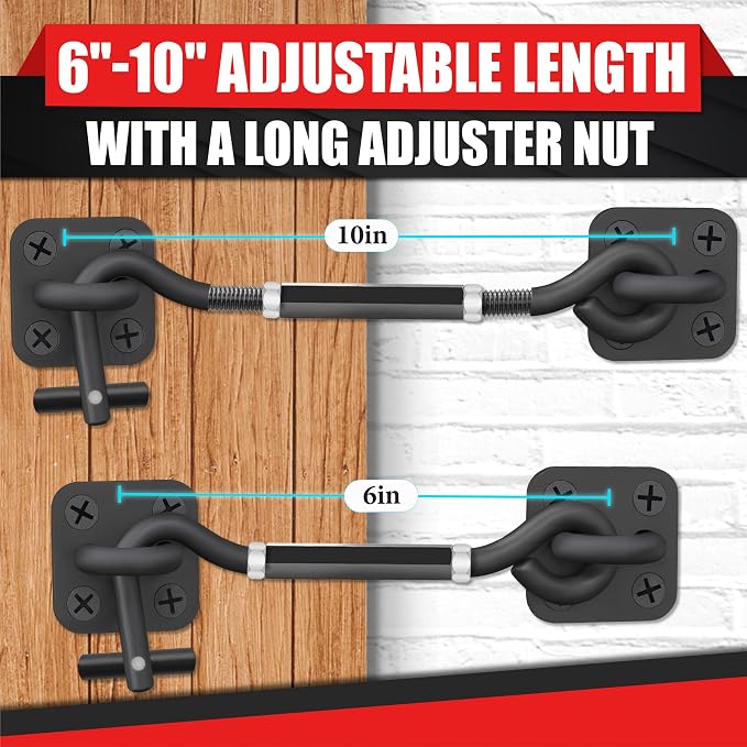6”-10” Cabin Hook Eye Latch Gate, Heavy Duty 4 Mounting Points Bracket - Image 2
