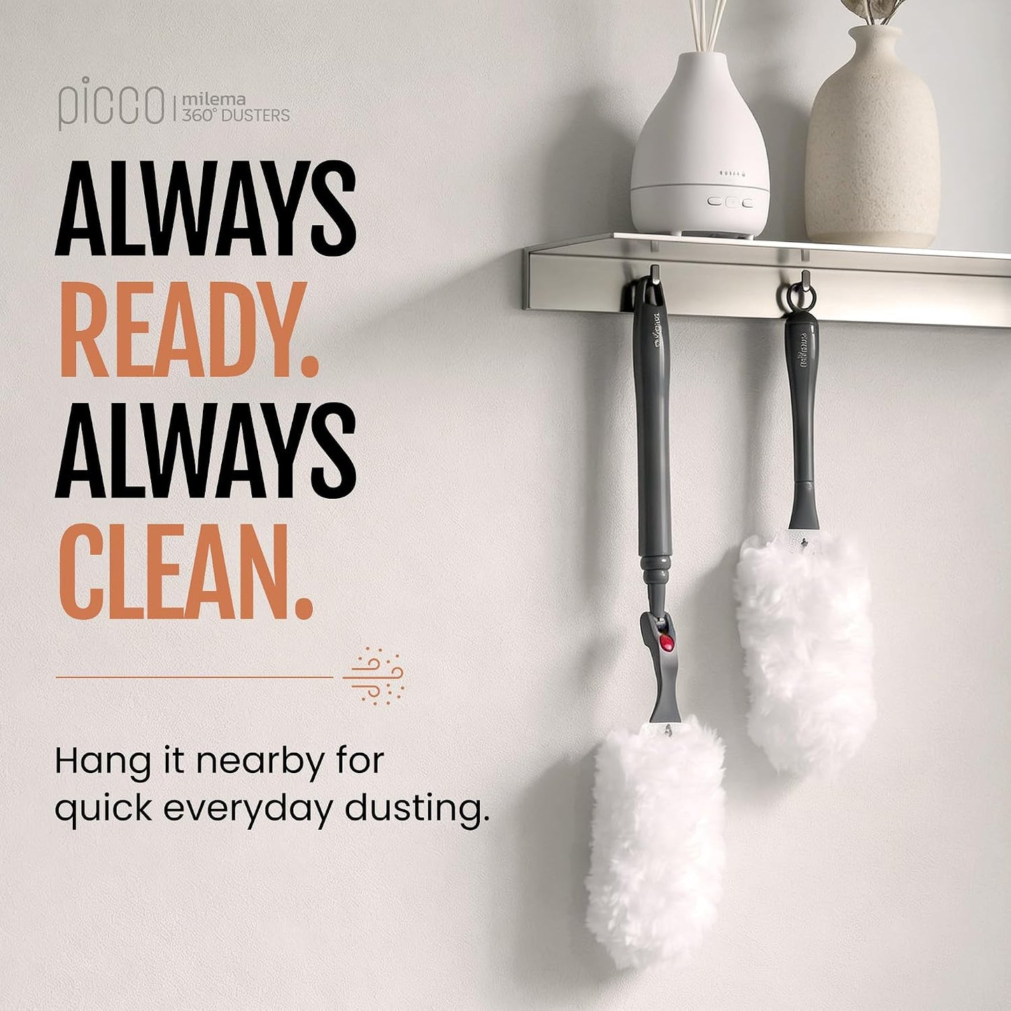 milema Picco 360 Double-Sided Microfiber Duster Cleaning Kit (White, 1 Short Handle, 23 Refills)
