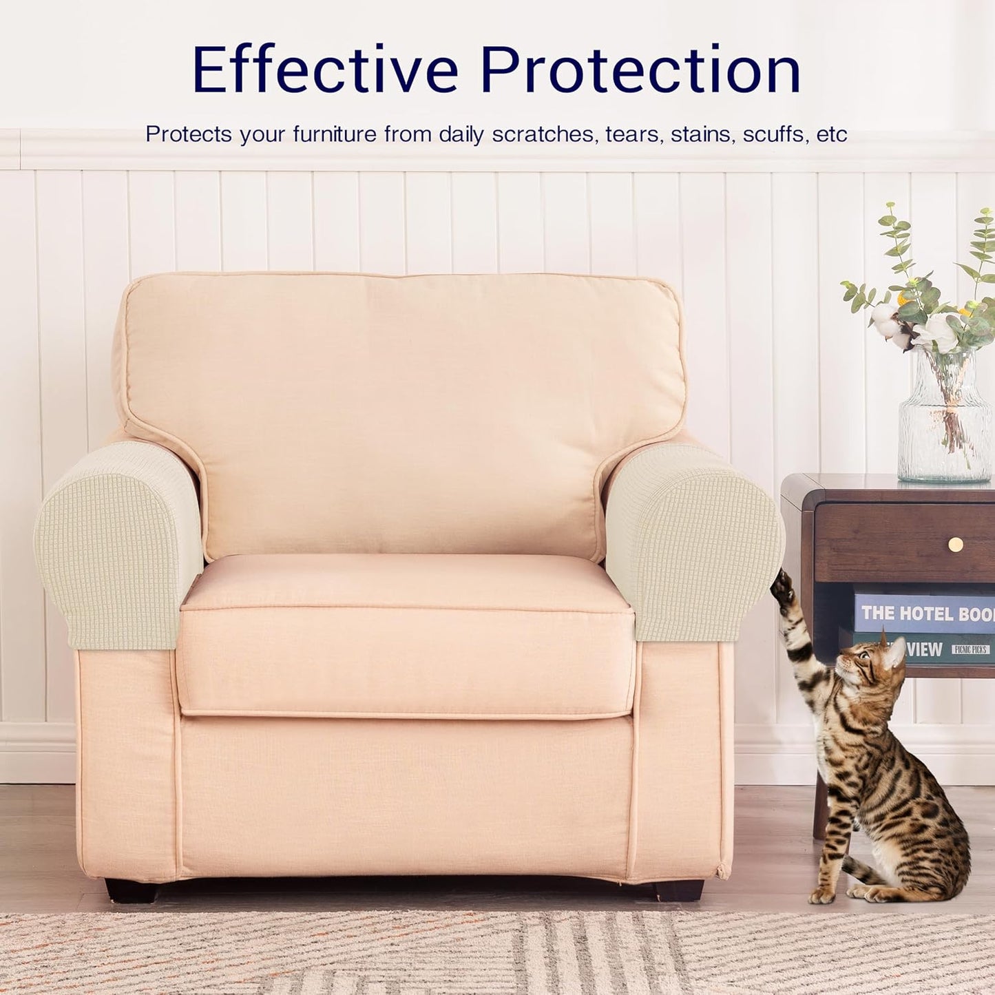 SUBRTEX Stretch Couch Arm Covers Set of 2, Checkered Sofa Arm Slipcovers, Anti-Slip Armrest Covers for Recliner and Armchairs, Pet Proof, High Stretchy, Hook & Loop Tape, Ivory