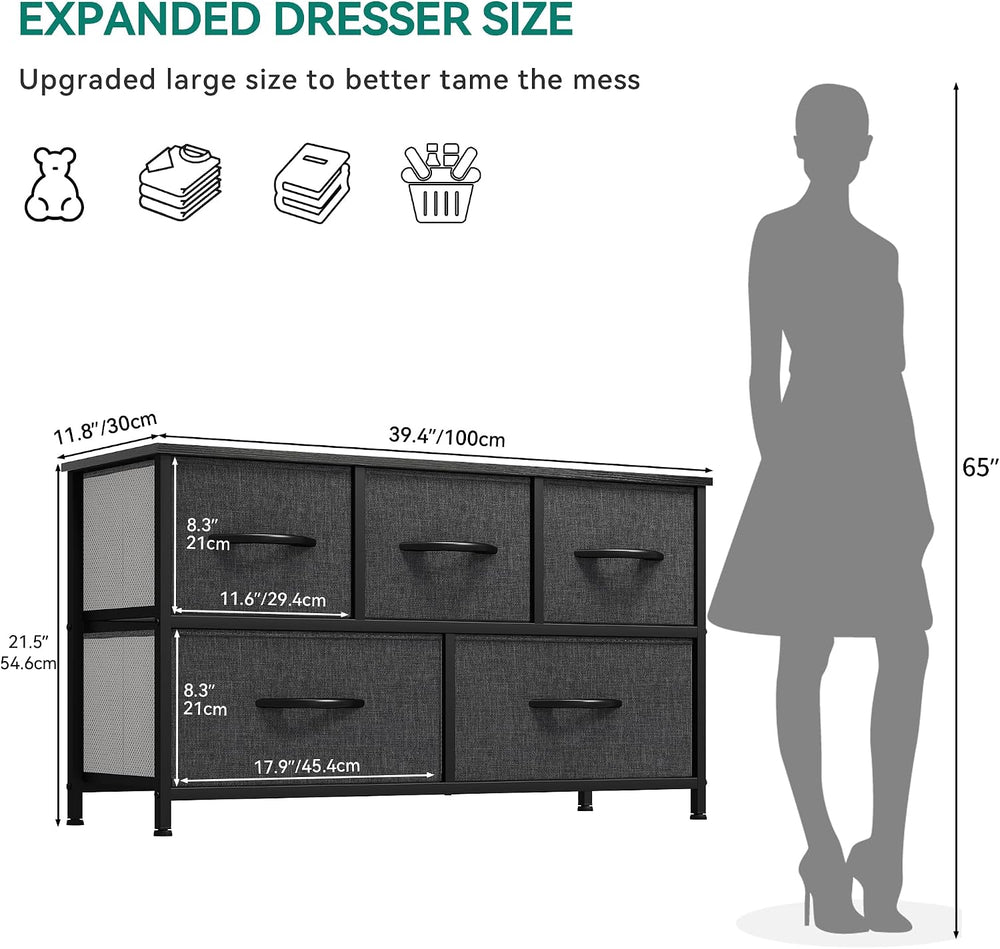 YITAHOME Dresser with 5 Drawers - Fabric Storage Tower, Black Dresser & C...