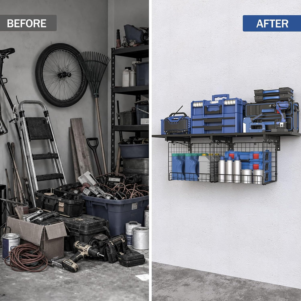 1x4ft Heavy Duty Garage Wall Shelving with 2 Wire Baskets, Garage Shelving Wa...
