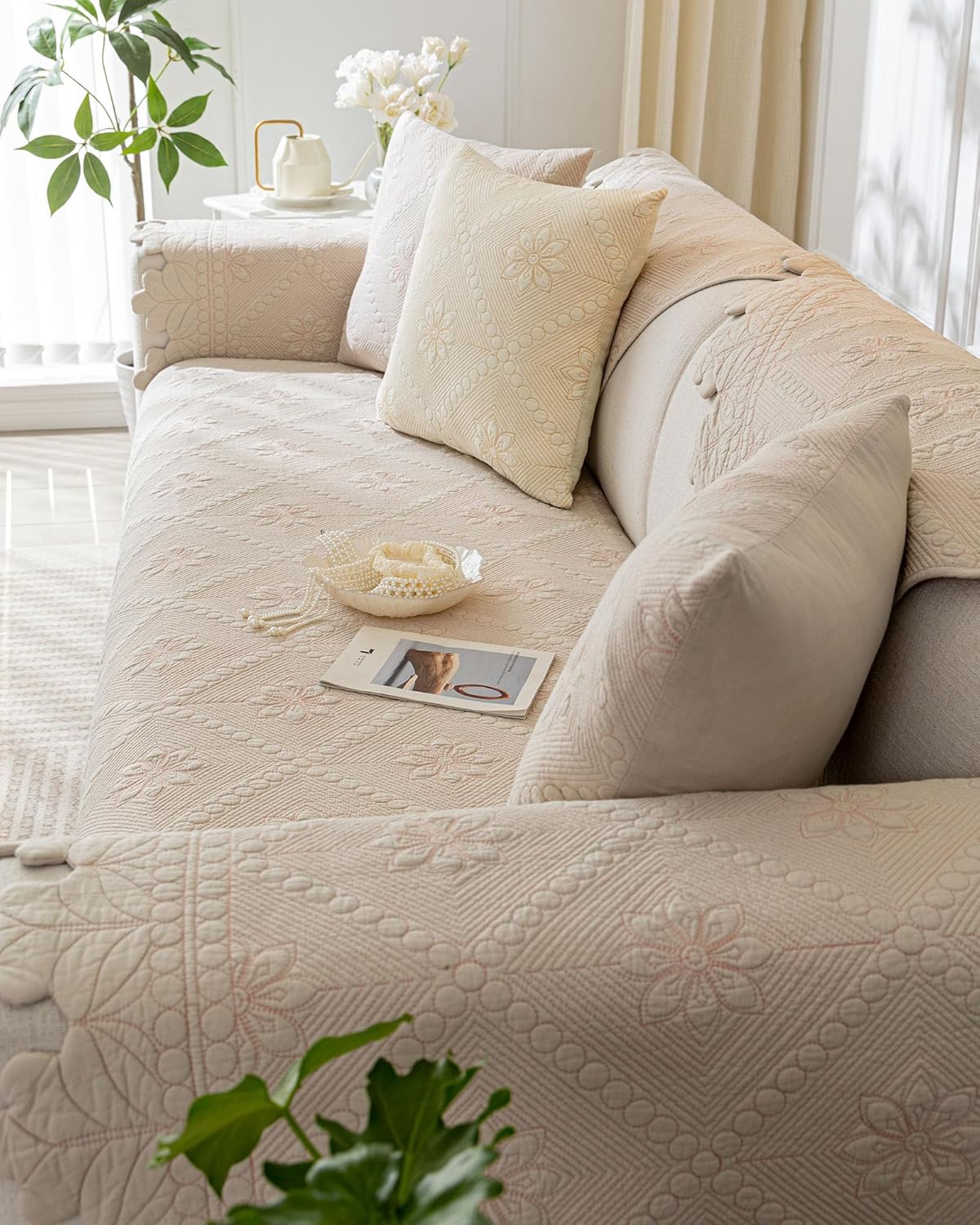 Cotton Quilted Dog Couch Cover for Sofa Farmhouse Rustic Embroidery Sectional Couch Cover Soft Anti-Slip Sofa Slipcover Furniture Protector for Kids, Pets (Khaki,28"x70")