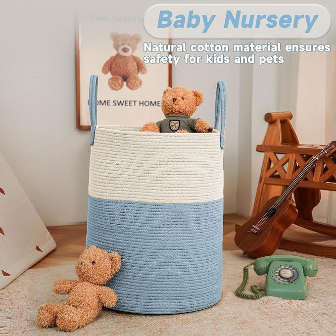 Large Woven Laundry Basket Hamper, 60L Cotton Rope Storage Bin - Image 2
