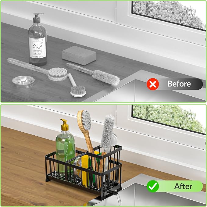Black Sponge Holder for Kitchen Sink, Self-Draining Kitchen Sink Organizer - Image 6