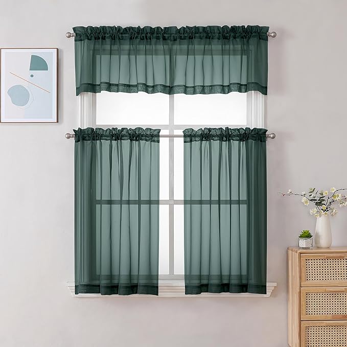Chyhomenyc Sheer Hunter Green Kitchen Tier Curtains 24 Inch Length Set - Image 2