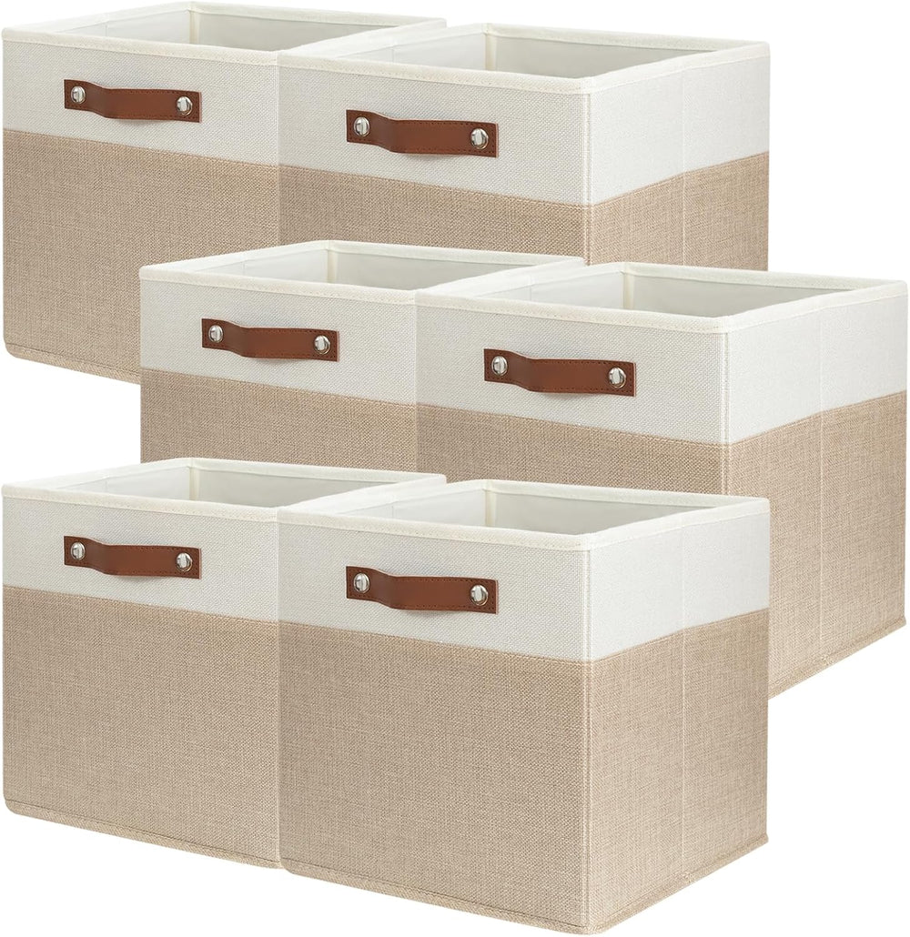 SNWDN 6 Pack Collapsible Fabric Storage Baskets with Handles (White/Beige 11x...
