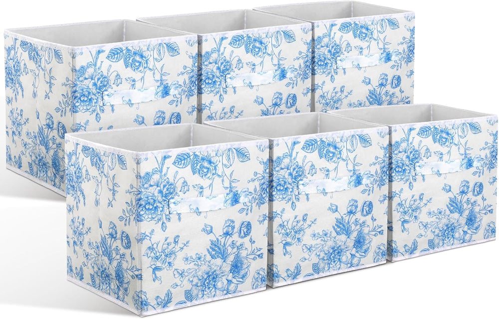 Geelin 6 Pcs Blue Floral Cube Storage Bins 11 Inch Storage Basket