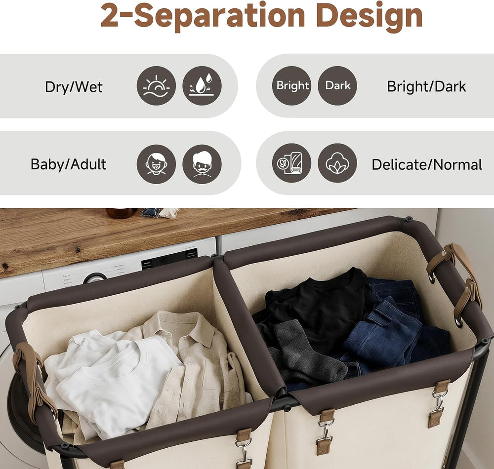 StorageWorks 2 Section Laundry Hamper, 330L Extra Large Beige Rolling Cart