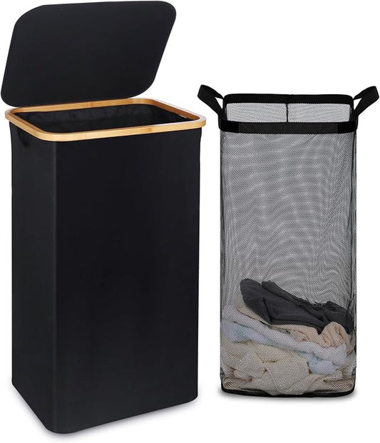 100L Laundry Basket with Lid and Net Bag, Tall Laundry Hamper with Bamboo by Unknown
