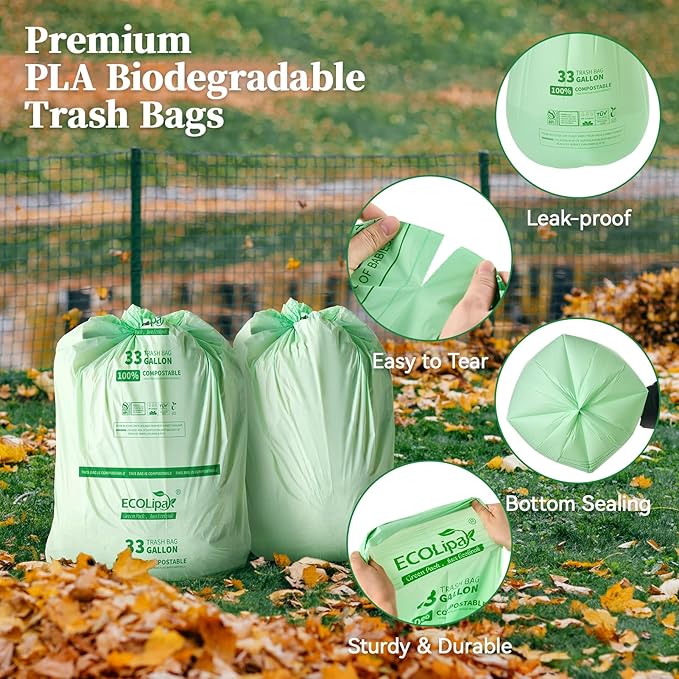 ECOLipak 33 Gallon Compostable Trash Garbage Bags, US BPI ASTM D6400 and OK - Image 6
