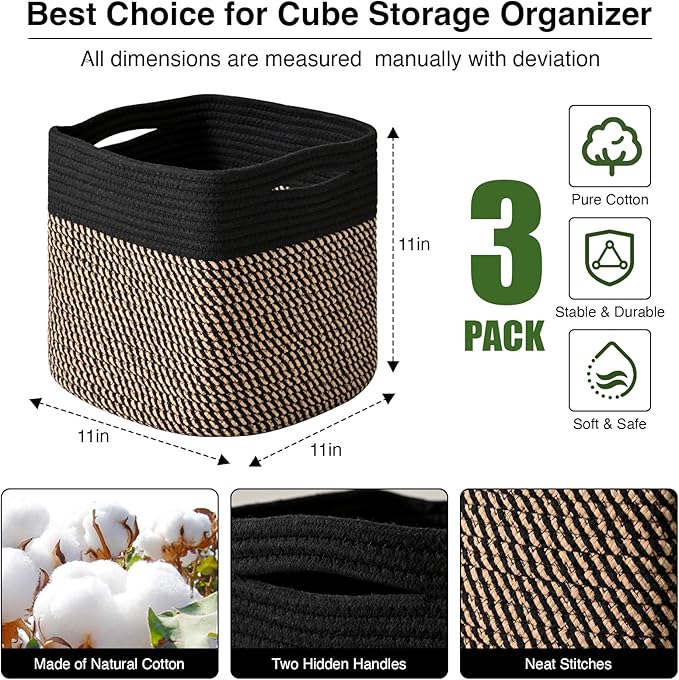 11 Inch Cube Storage Bins, Storage Cube Organizer Bins, Woven Cotton Rope - Image 2