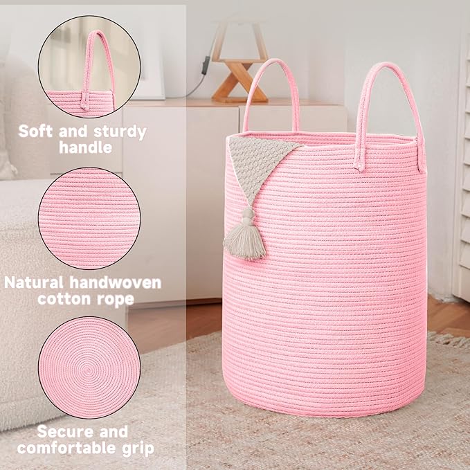 Large Woven Laundry Basket Hamper, 80L Cotton Rope Storage Bin - Image 6