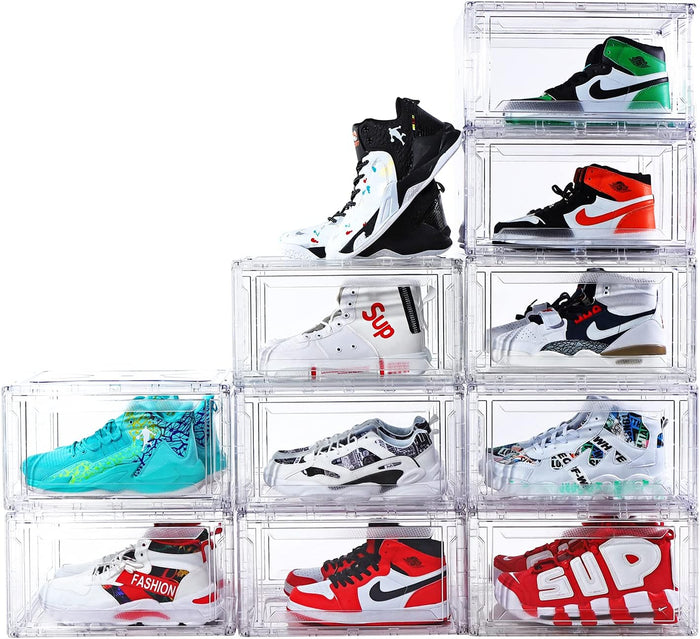 10 Pack Large Shoe Boxes Clear Stackable, Space Saving Acrylic Shoe Boxes Shoe Organizers Foldable Shoe Container Boxes that Fits Up to Size 14 Shoes