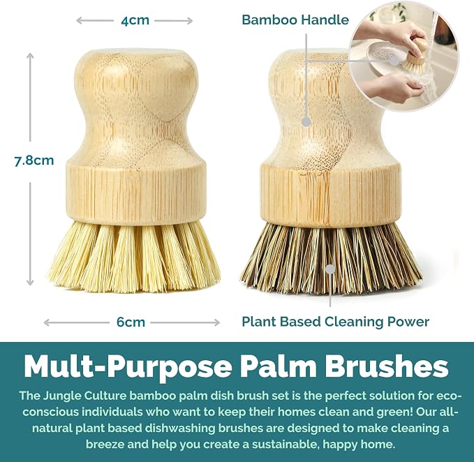 Jungle Culture Kitchen Dish Scrubber Set of 2 • Bamboo Dish Brush - Image 2