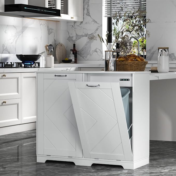 VECELO Double Tilt Out Kitchen Trash Bin Cabinet Dog Proof Garbage Can - Image 3