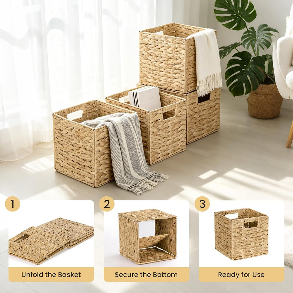 Water Hyacinth Storage Baskets 9in, 4 Pack Wicker Storage Cubes with Handles,...