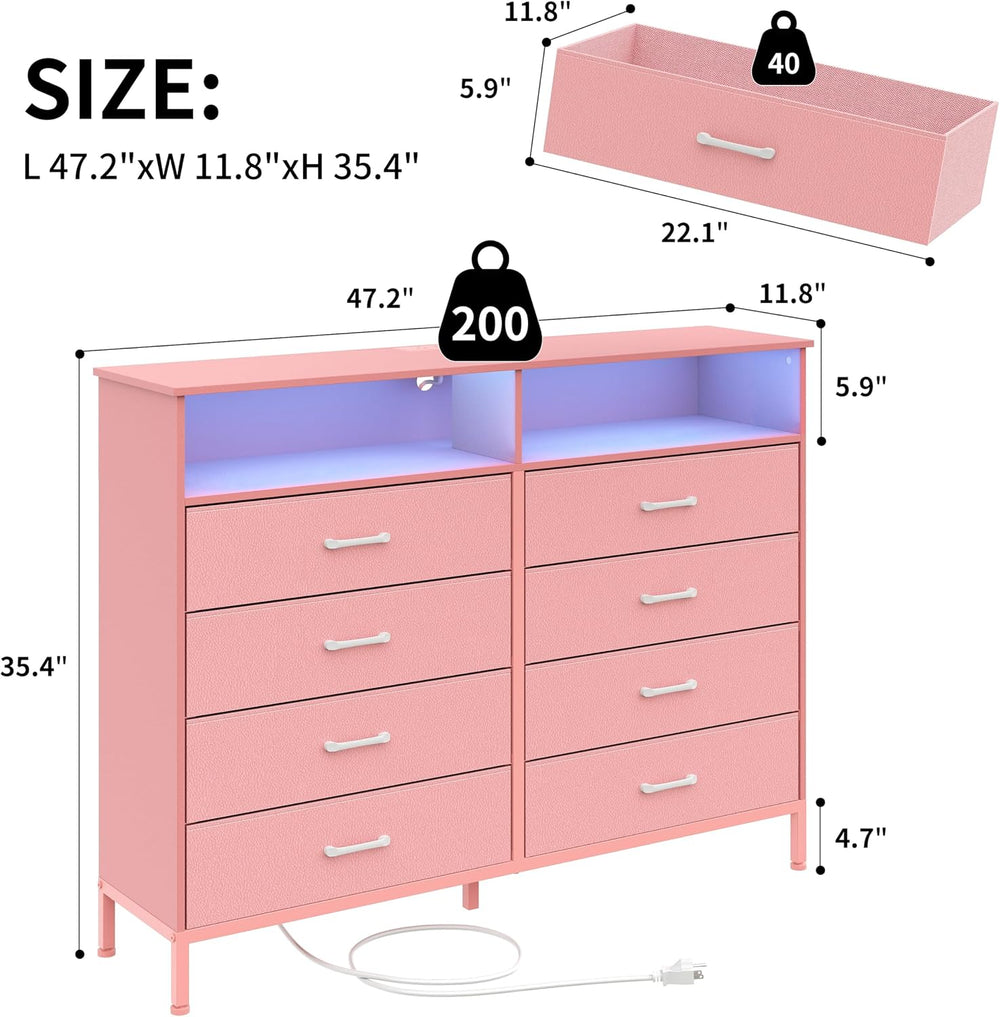 Dresser for Bedroom Pink Bedroom LED Dresser 8 Fabric Drawers Dressers