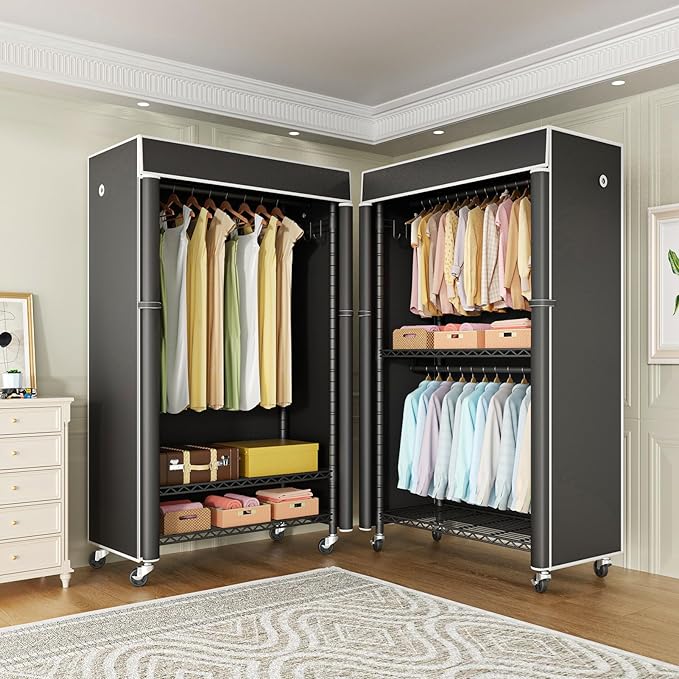 FUTASSI Clothing Rack with Cover, P1C Rolling Closets with Wheels, Metal
